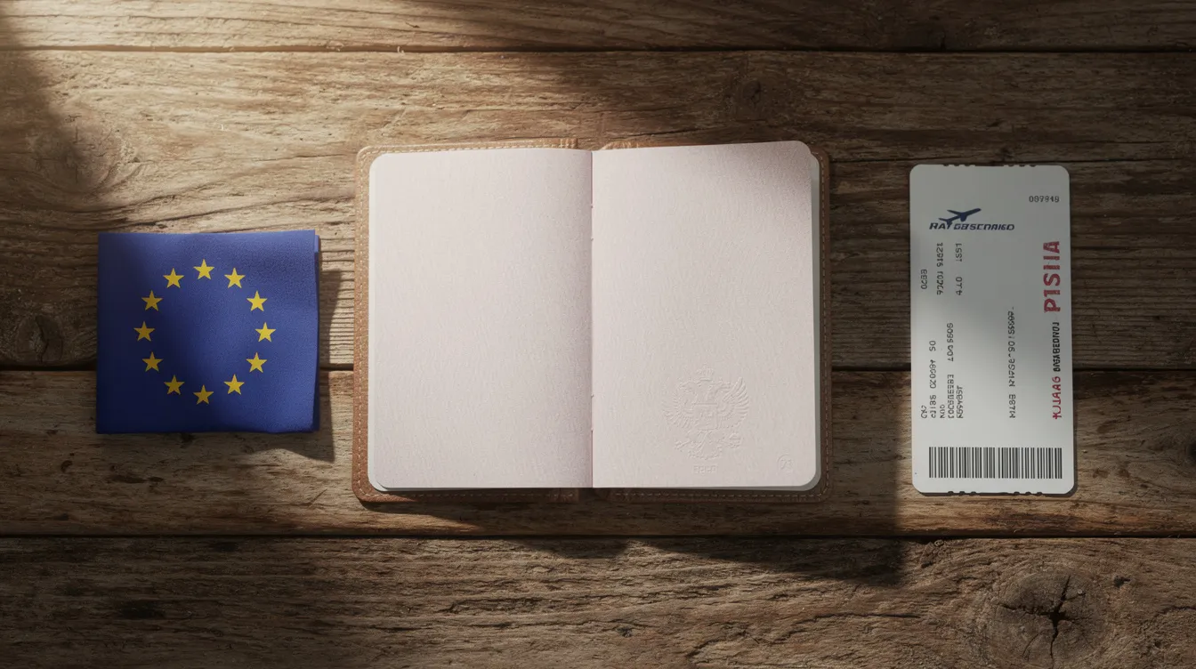 An open passport rests on a wooden table next to a boarding pass and a small European flag, symbolizing travel and the process of applying for a tourist visa to the Netherlands. The scene captures essential items for a trip, including blank visa pages and travel documents, highlighting the importance of proper planning for visitors.