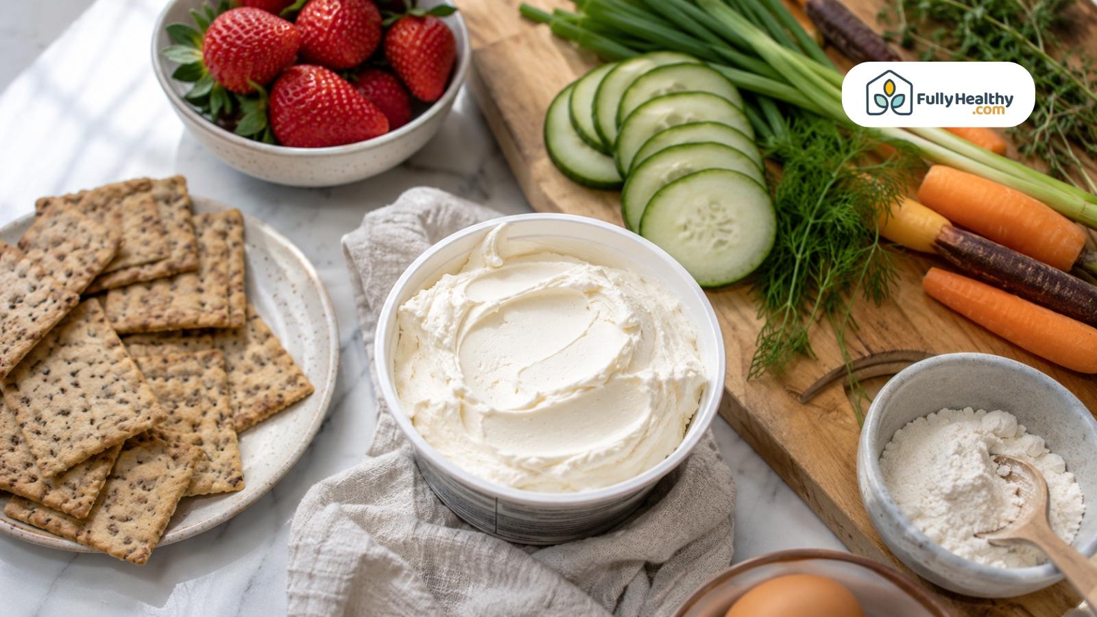 Cream cheese served with crackers, strawberries, cucumbers, carrots, and fresh herbs