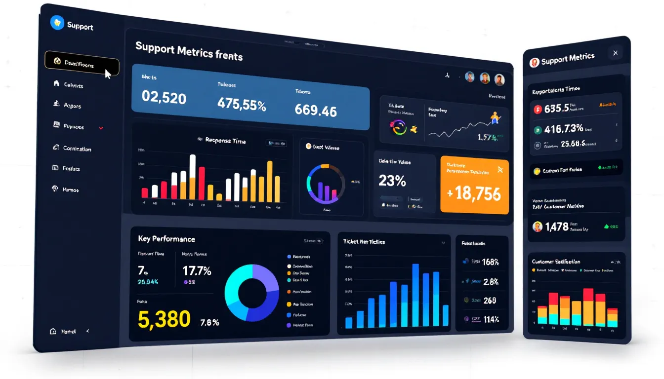 Das Bild zeigt ein Dashboard mit verschiedenen Support-Metriken und Statistiken, die einen Überblick über die Leistung des Kundensupports bieten. Es sind Diagramme und Zahlen zu sehen, die Informationen über Helpdesk-Tickets, Anfragen und die Effizienz des Support-Teams darstellen.