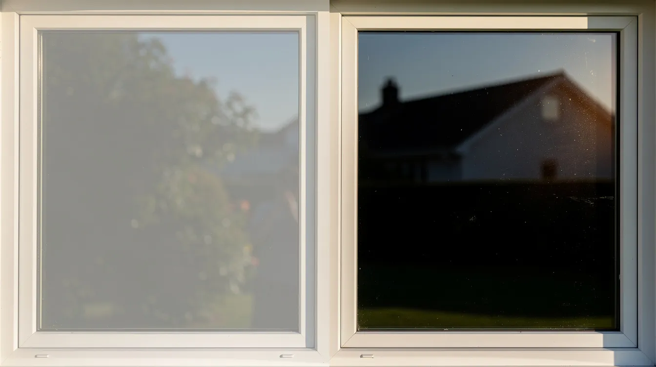 The image shows a close-up view of a large residential window divided by light and shade; one half is bathed in bright afternoon sunlight, appearing darker, while the other half is in shade, offering clear visibility. This contrast highlights the effectiveness of CoolVu transitional window films, which adapt to UV exposure and provide glare reduction for enhanced comfort and safety.