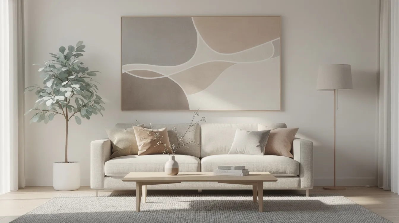 A serene living room features a comfortable sofa beneath neutral artwork that adds a touch of elegance to the space. The carefully curated collection of art prints enhances the cohesive look, making it a perfect example of thoughtful interior design for residential settings.