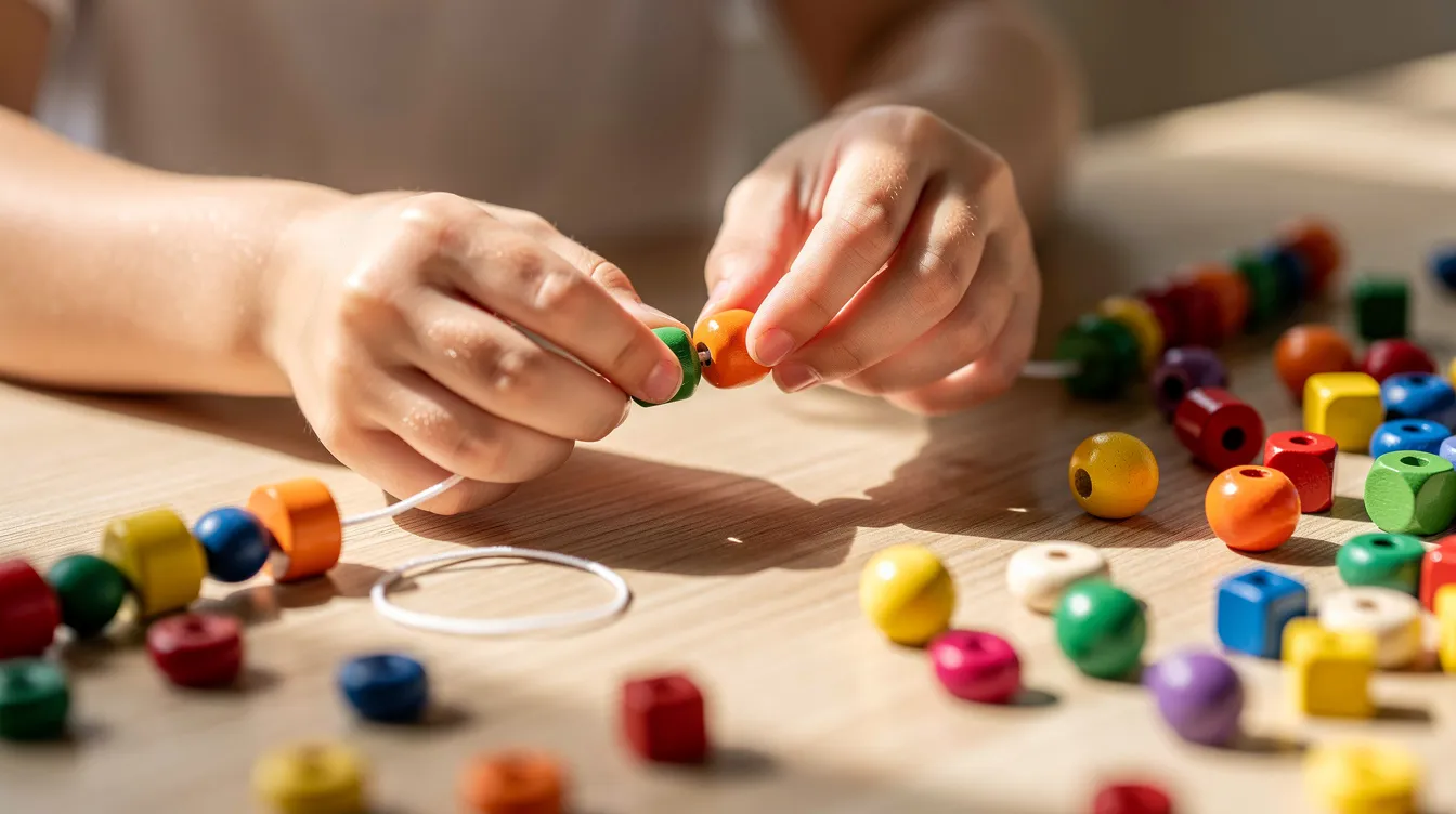A close-up image shows small hands carefully threading colorful beads onto a string on a wooden table, highlighting the development of fine motor skills and focus in early childhood. This activity supports children's cognitive foundations and can help improve self-regulation and attention, essential for school readiness.