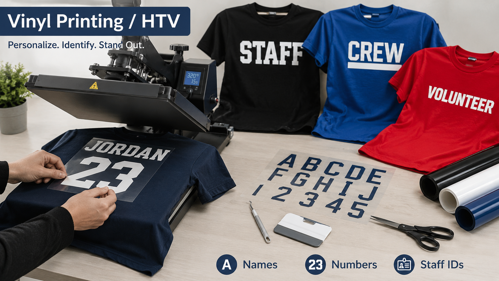 HTV vinyl printing for personalized names, numbers, volunteer shirts, and staff uniforms