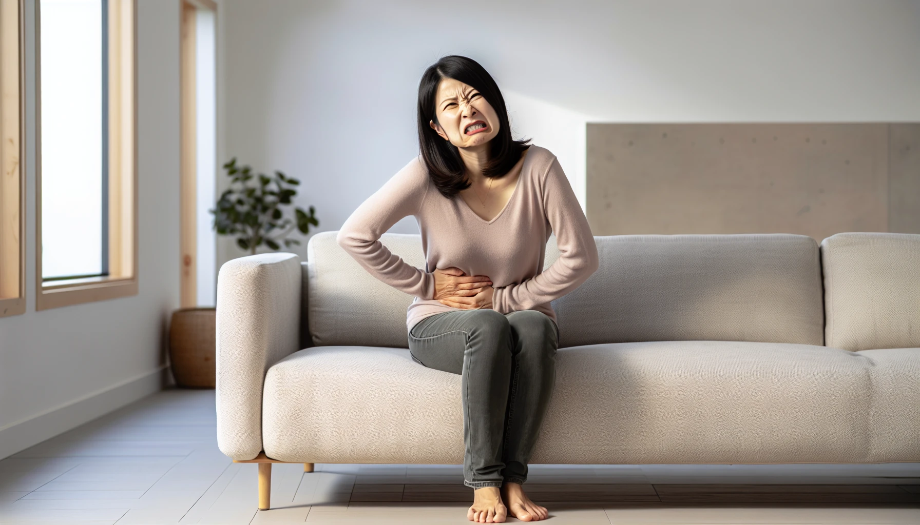 Photo of a woman experiencing abdominal discomfort