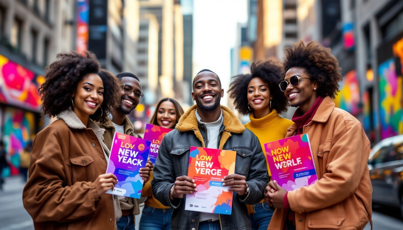 A group of people distributing A5 leaflets in a busy area.