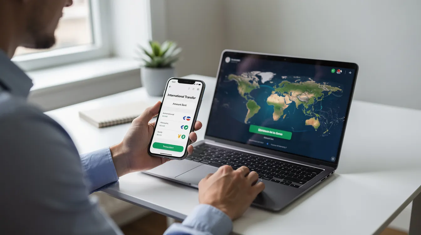 A person is seated at a desk, using a laptop and a smartphone to complete a cross-border money transfer via a digital wallet app. The scene illustrates the convenience of mobile banking and online payments, highlighting the integration of digital financial services in everyday transactions.
