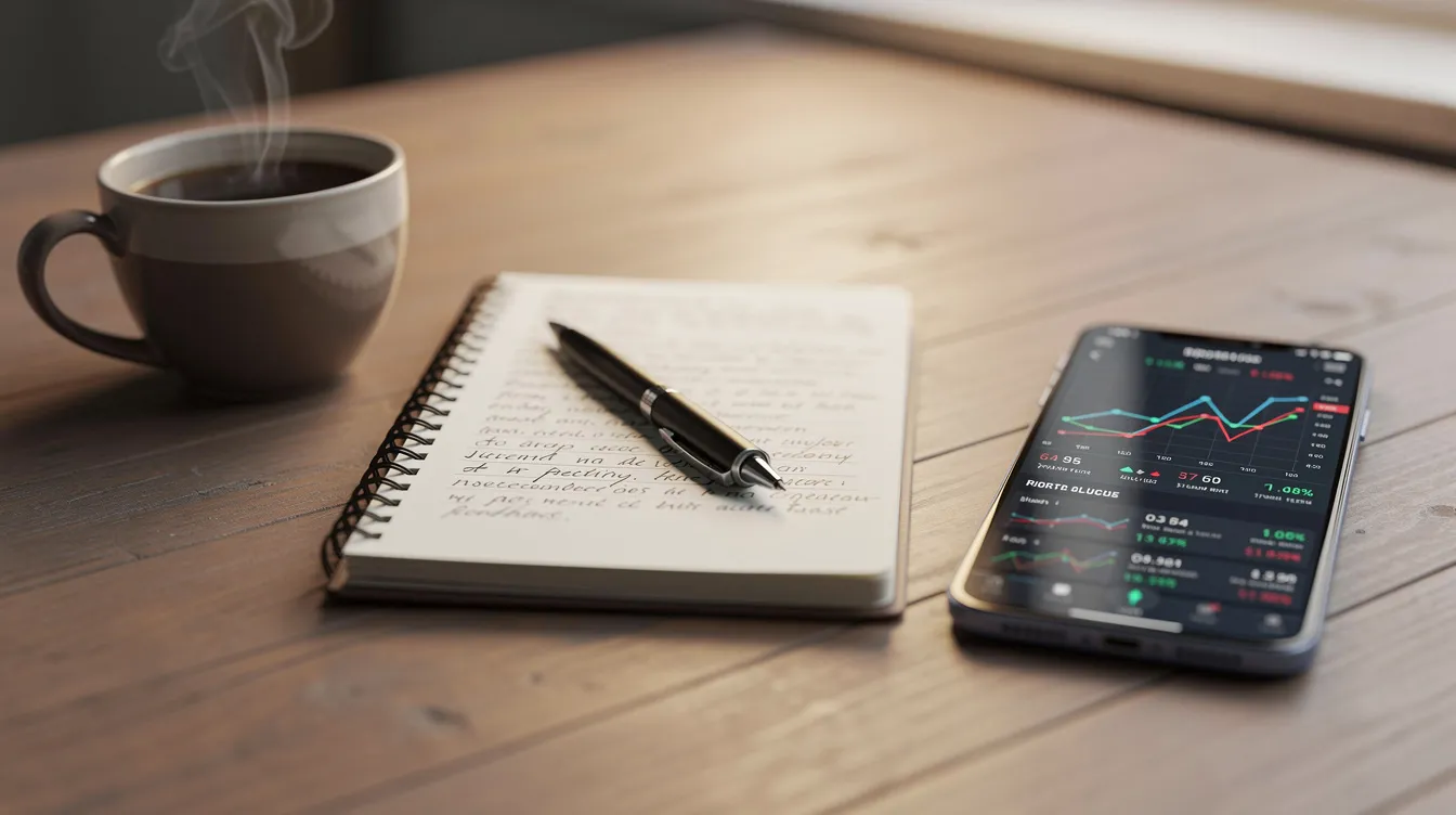 A notebook and pen rest on a desk beside a steaming cup of coffee and a smartphone displaying a finance app, symbolizing the blend of traditional research and modern technology in making informed investment decisions in the stock market. This setup reflects the curiosity of individual investors seeking to generate stock ideas and navigate current market conditions.