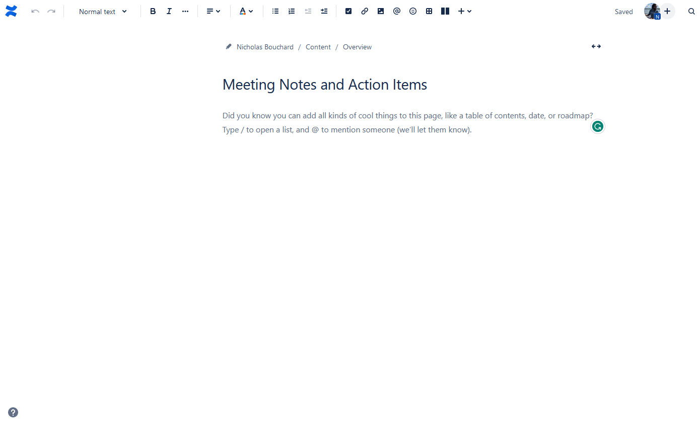 A Confluence page with this title: Meeting Notes and Action Items.
