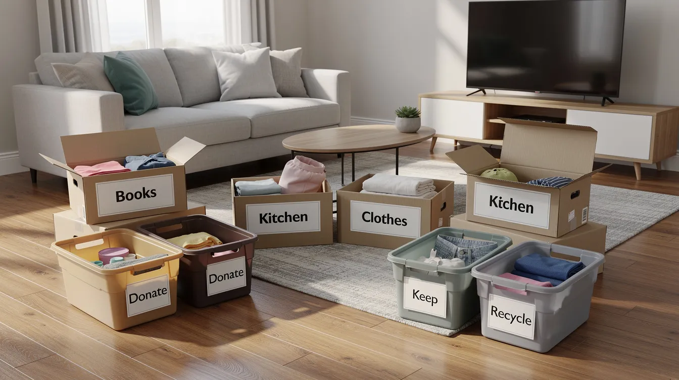 Labeled cardboard boxes and sorting bins arranged on a living room floor during an estate cleanout