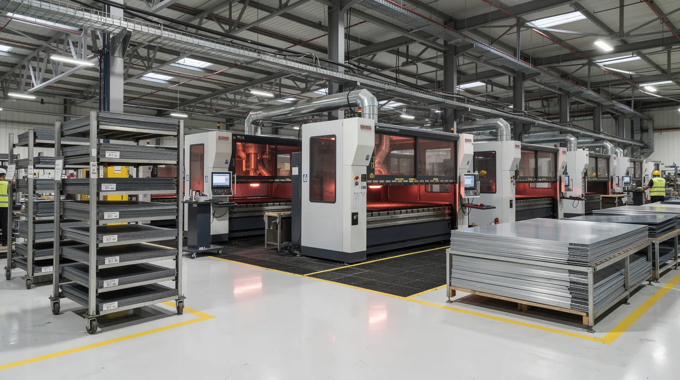 The image depicts a spacious and modern sheet metal fabrication factory floor, showcasing advanced machinery including laser cutting machines and CNC press brakes, alongside neatly organized storage for various sheet metal components. This environment highlights the precision sheet metal fabrication services and capabilities of the facility, designed for high volume production and custom metal parts.