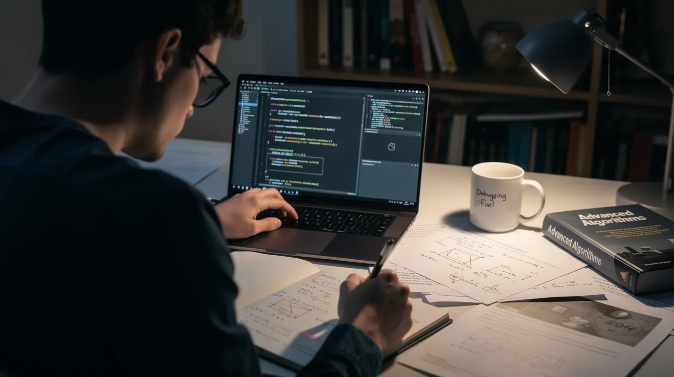 A person is seated at a desk, focused on studying technical concepts using a laptop, where lines of code are visible on the screen. The scene suggests an exploration of topics like retrieval augmented generation and relevant chunk retrieval, indicative of data science and language model applications.