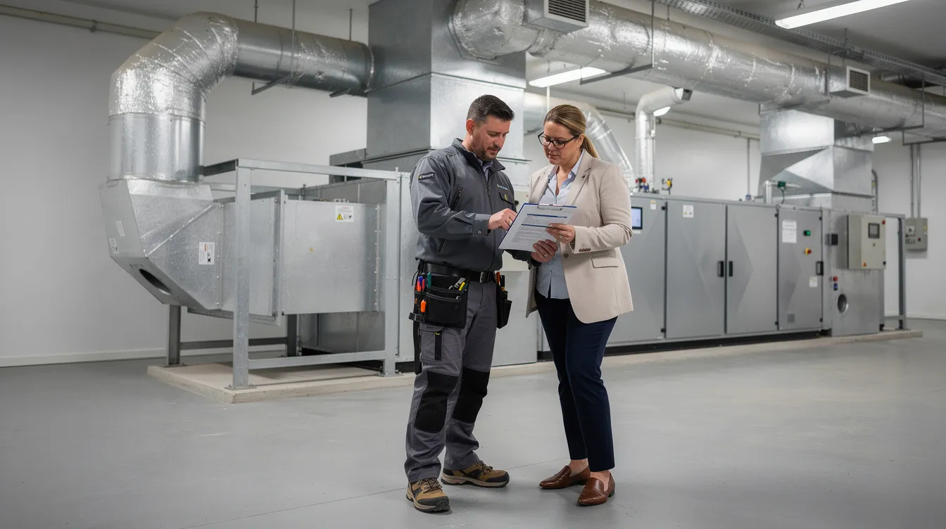En ventilationstekniker og en bygningsejer gennemgår en servicerapport ved et ventilationsanlæg i et industrielt rum, som er essentielt for at sikre et sundt indeklima. De diskuterer de tekniske krav og mulighederne for at optimere driften af anlægget for at opnå bedre luftkvalitet og energieffektivitet.