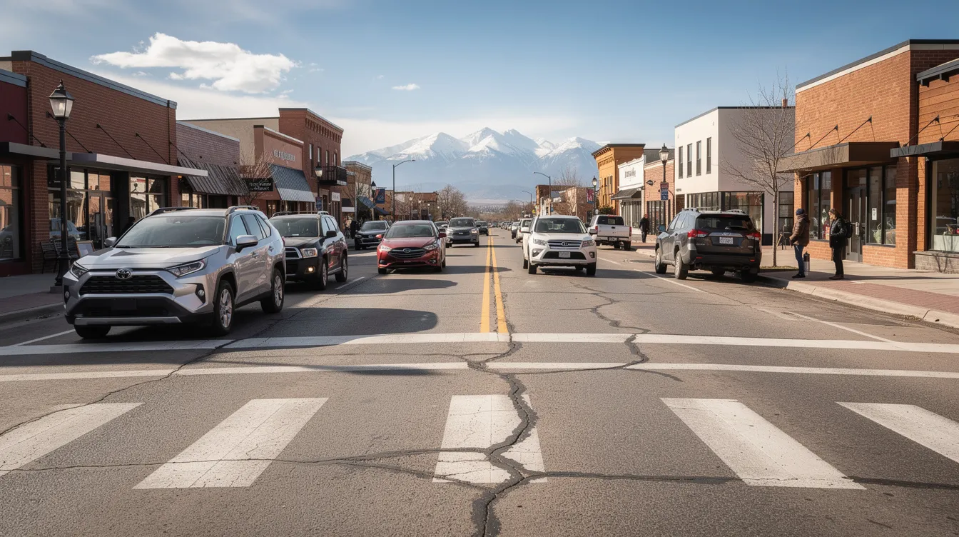 The image depicts a pedestrian crosswalk on a Colorado street, with several cars halted nearby, highlighting the importance of pedestrian safety in urban areas. This scene serves as a reminder of the potential for pedestrian accidents, which can lead to serious injuries and legal claims for compensation.