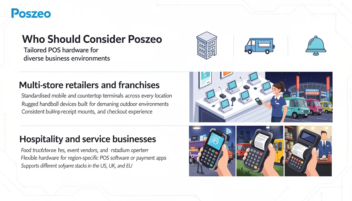 The image illustrates various business scenarios where Poszeo's point of sale system can be beneficial. It highlights multi-store retailers, food truck fleets, and hospitality businesses, showcasing the versatility of mobile and countertop terminals that support essential features like payment processing, inventory management, and customer relationship management across different locations.