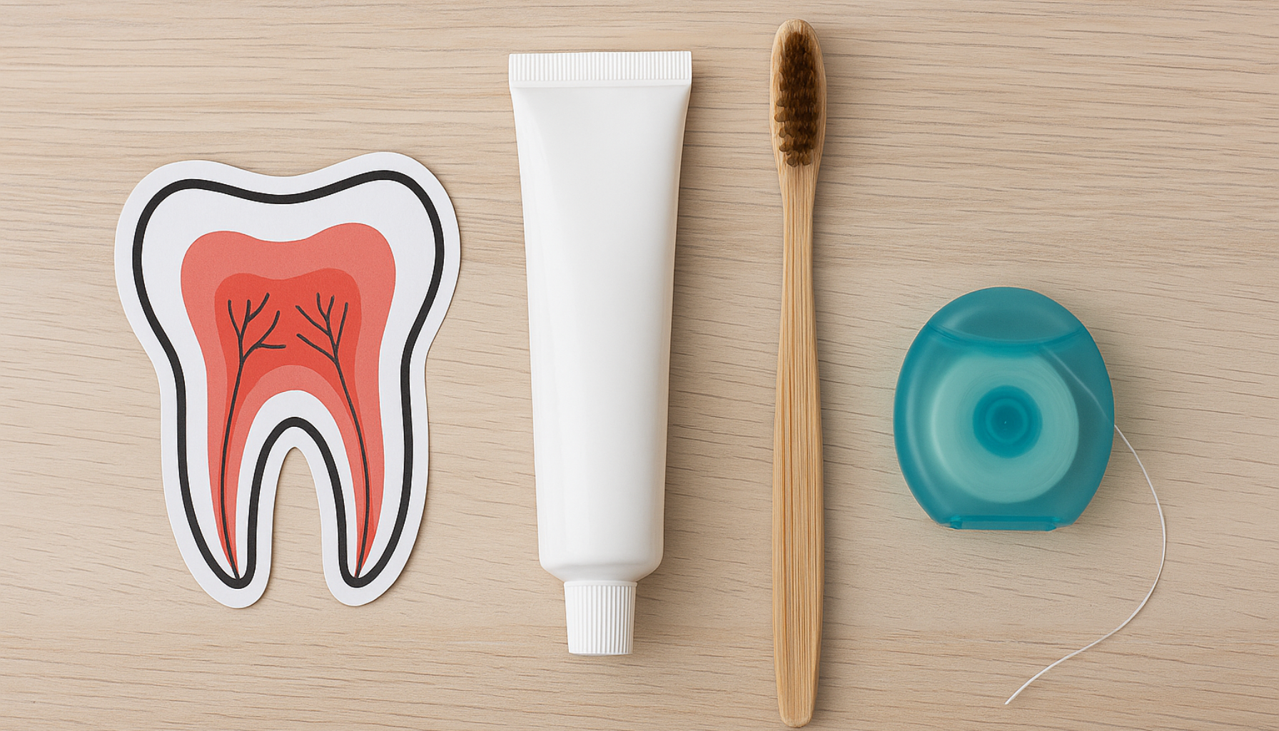 Pulpitt: Når Tannverken Betyr Alvor – Dette Må Du Vite 17 Illustrasjon av tannnervestruktur med tannbørste, tanntråd og tannkrem for å fremheve forebygging av pulpitt.