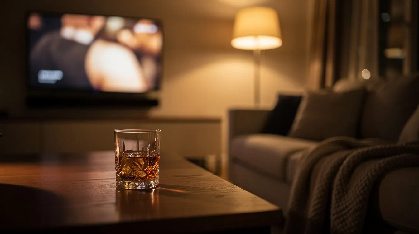 The image depicts a cozy evening setup featuring a dimly lit ambiance, a whisky glass filled with Johnnie Walker Black Label, and a softly glowing TV screen in the background. This inviting scene is perfect for whisky enthusiasts looking to unwind and enjoy a moment of relaxation.
