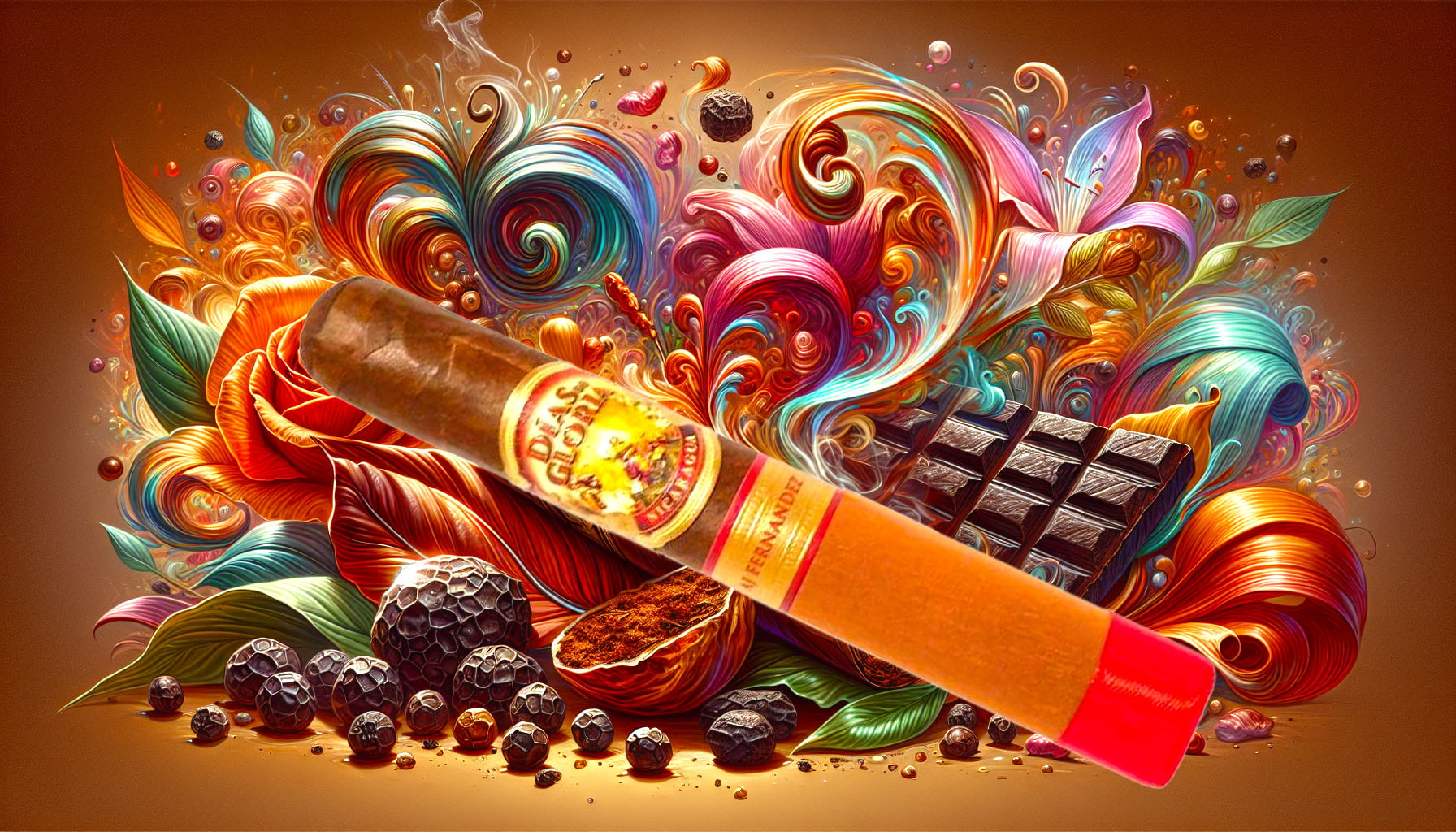 An illustration depicting the tasting notes of Dias de Gloria cigars, highlighting flavors like black pepper and cocoa.