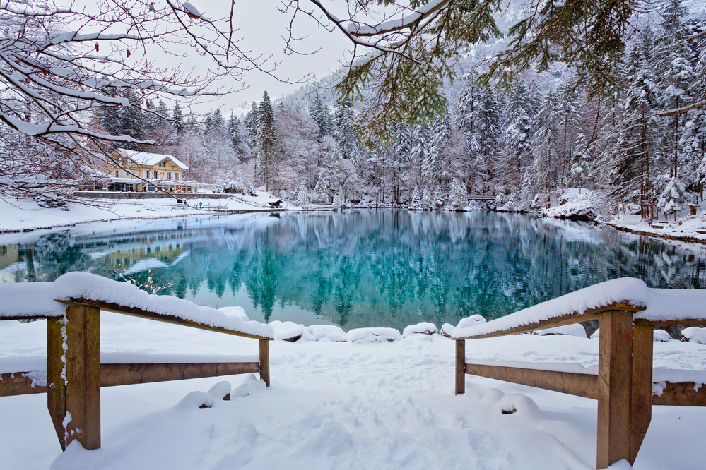 Winter in Lake Blausee with lots of snow