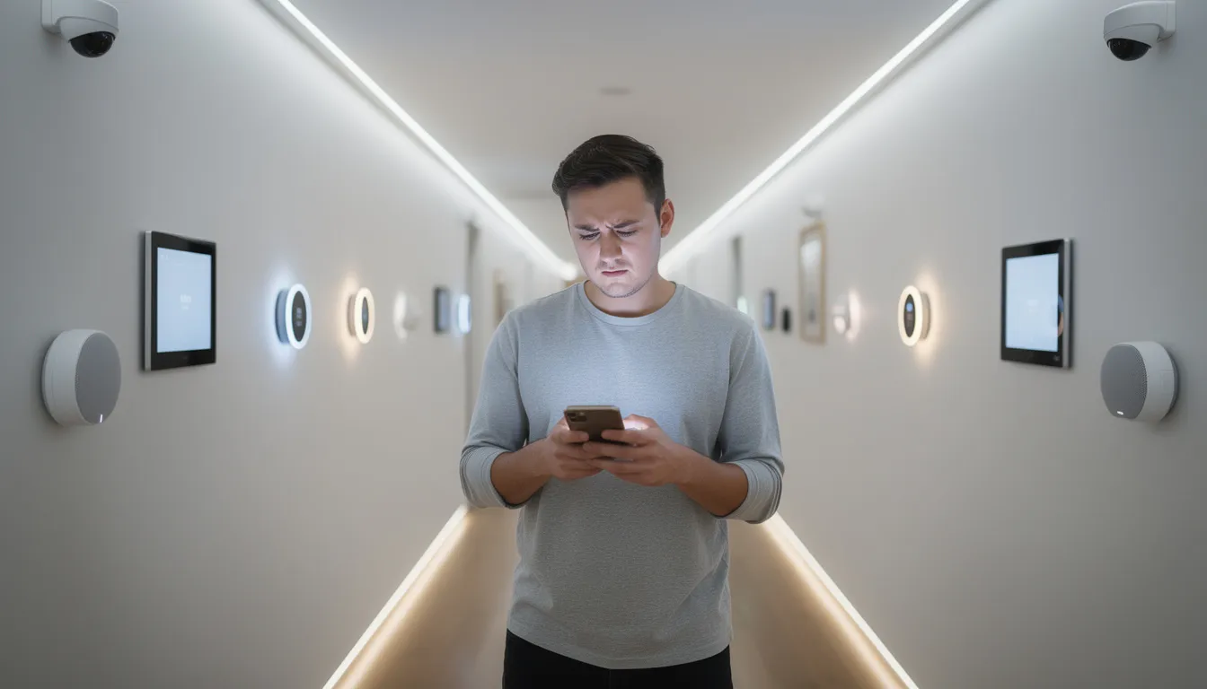 A person stands thoughtfully in a hallway, gazing at their phone while surrounded by smart home devices such as smart speakers and security cameras on the walls. This scene reflects the integration of ambient intelligence and connected devices in everyday life, highlighting the seamless interaction between users and their smart home systems.