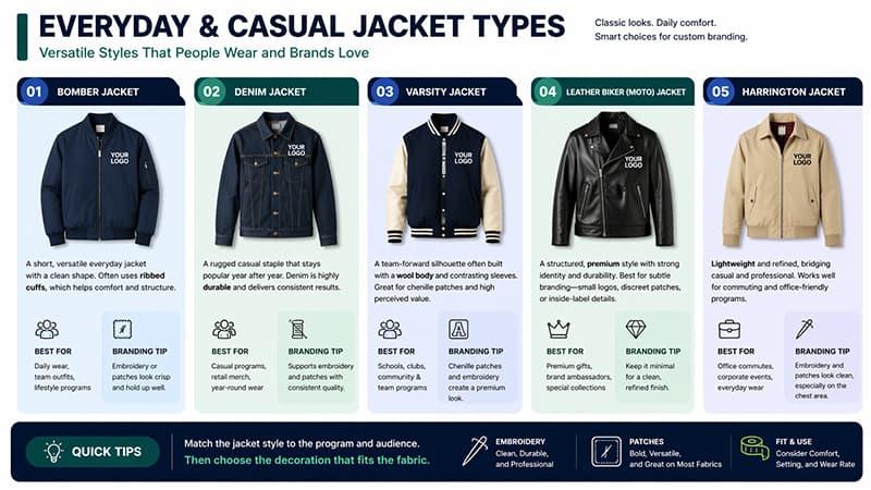 Everyday and casual jacket types infographic with bomber, denim, varsity, leather biker, and Harrington styles