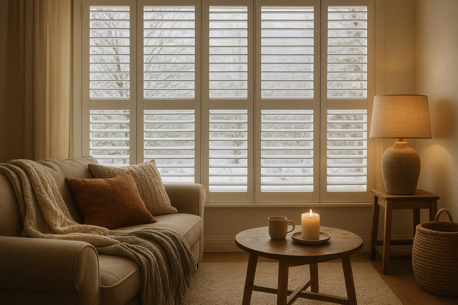 "Full-height plantation shutters helping to insulate a living room"