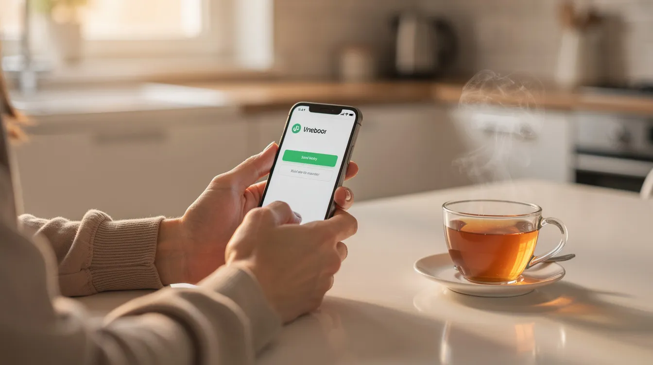 A person is sitting at a kitchen table, using a smartphone app to send money, with a cup of tea beside them. The image captures the ease of international money transfers through digital platforms, emphasizing a modern payment method for sending money online.