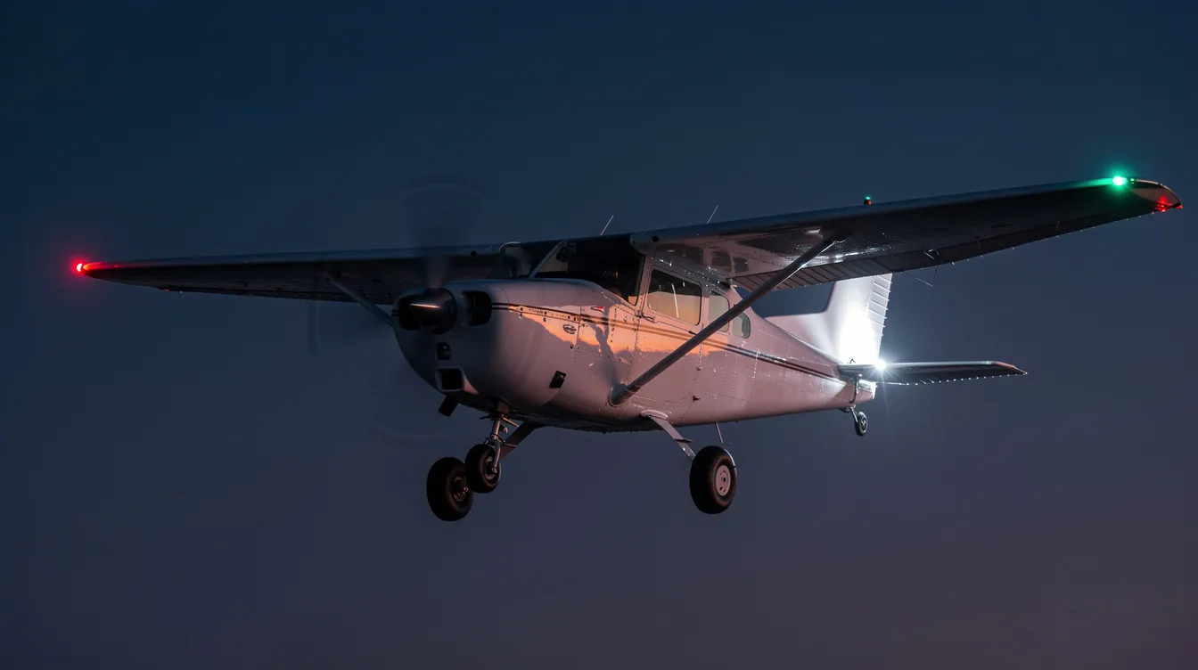 A small aircraft is flying at dusk, its red and green position lights and a white strobe light illuminating the dark sky. The scene captures the essence of night flight, highlighting the aircraft's navigation equipment and adherence to visual flight rules as it navigates through controlled airspace.