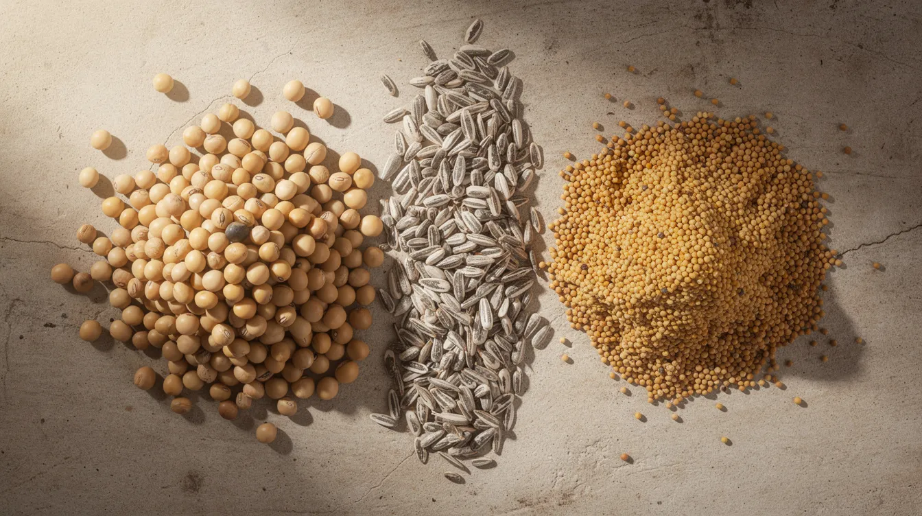 0206b058 cc0c 4ede 866d 345dc5a1e081 The image showcases diverse piles of oilseeds, including soybeans, sunflower seeds, and mustard seeds, arranged neatly on a surface, highlighting their potential as raw materials in the oil extraction process. These oil-bearing materials are essential for the solvent extraction method used in the edible oil industry to produce vegetable oils efficiently.