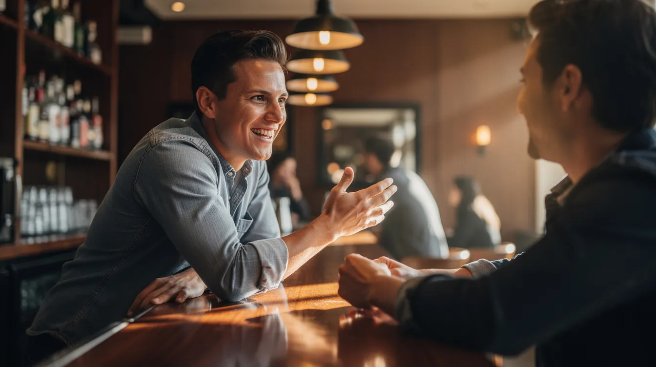 A confident person is engaged in a friendly conversation at a bar, smiling and gesturing as they talk, possibly discussing online dating or exchanging phone numbers. The atmosphere is relaxed, suggesting a comfortable connection between the individuals.