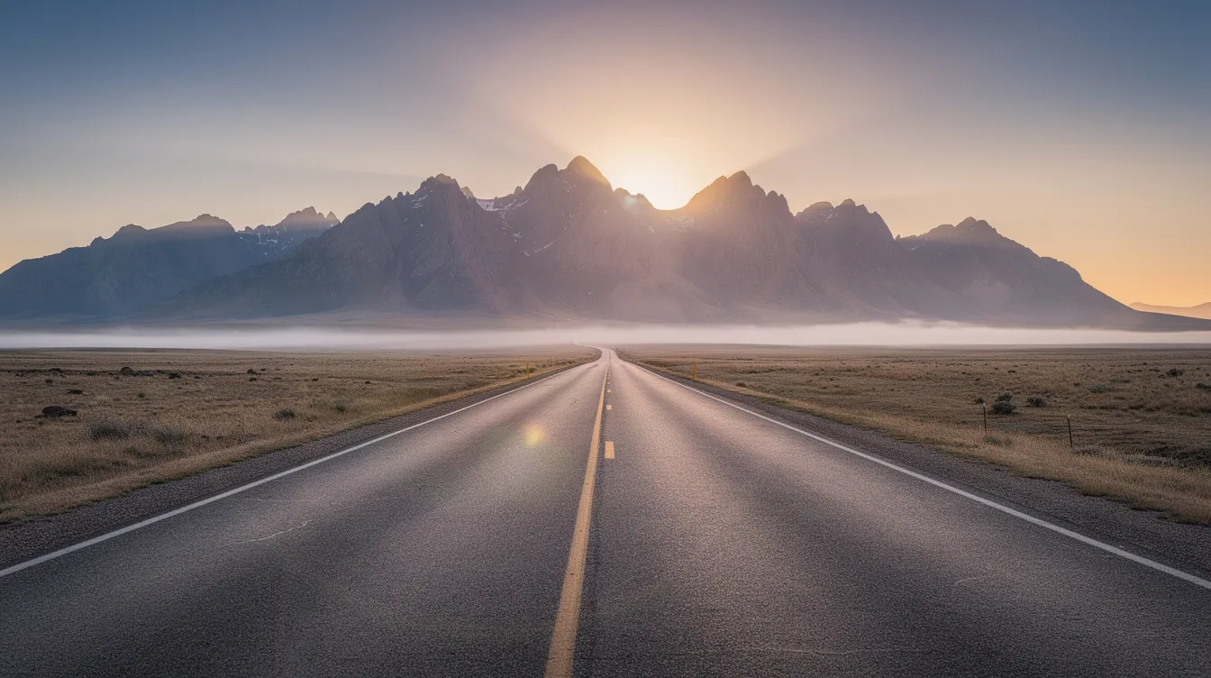 The image depicts a serene sunrise illuminating an open road, with majestic mountains rising in the distance, symbolizing the journey of navigating emotional intimacy in adult relationships. The tranquil scene evokes a sense of hope and connection, contrasting the anxious and avoidant dynamics often found in romantic relationships.