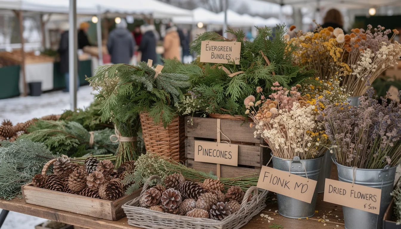 A vibrant display at a local farmers market features fresh evergreen branches, pinecones, and dried flowers, perfect for creating natural Christmas decorations. This eco-friendly arrangement showcases sustainable materials ideal for holiday decor, emphasizing the beauty of natural elements in festive celebrations.