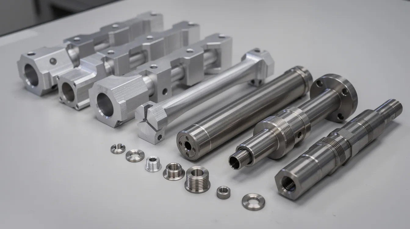 The image features a variety of precision machined metal parts, including aluminum housings and stainless steel components, neatly arranged on an inspection table, showcasing the high precision and quality control associated with CNC machining services. These components are indicative of advanced CNC machines used in the manufacturing process, particularly in custom machining services and precision engineering.