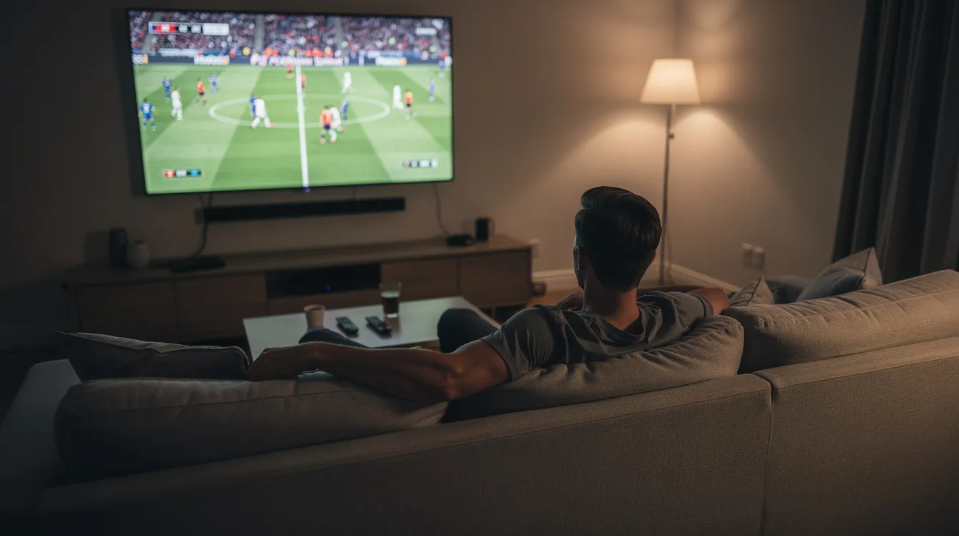 A person is sitting comfortably on a couch, engrossed in a football match displayed on a large wall-mounted television in a dimly lit room. The scene captures the excitement of live sports, showcasing the immersive experience that IPTV services can provide for sports fans.