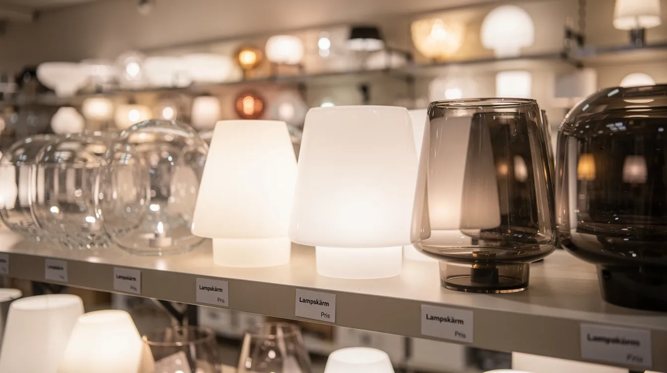 Ett urval av olika lampskärmar i glas, inklusive klara, opala och rökfärgade varianter, är uppradade på en hylla i en belysningsbutik. Skärmarna visar upp olika stilar och färger, vilket ger en mångsidig presentation av belysningsalternativ.
