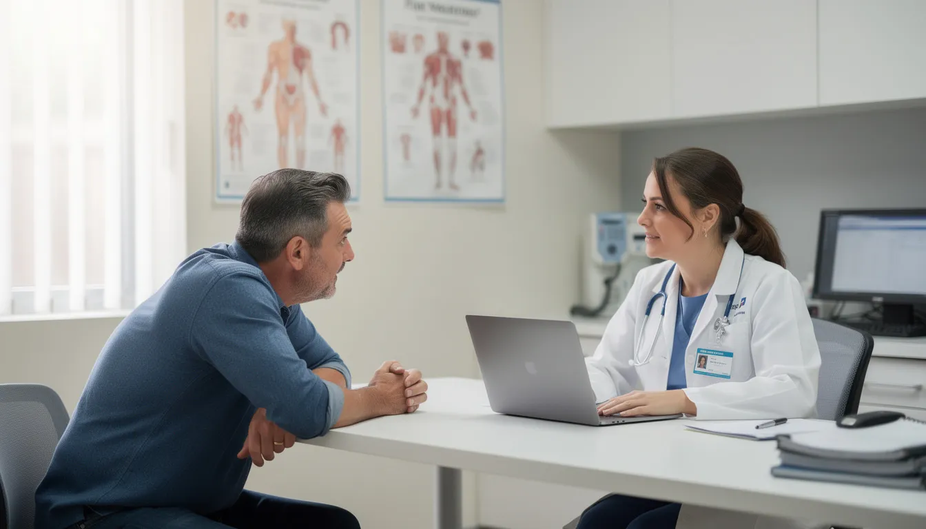 The image depicts a man engaged in a consultation with a healthcare professional in a clinical setting, discussing topics related to serum testosterone levels and the potential benefits of NMN supplementation for supporting cellular health and energy production. The professional appears to be providing insights on testosterone synthesis and its impact on metabolic health.
