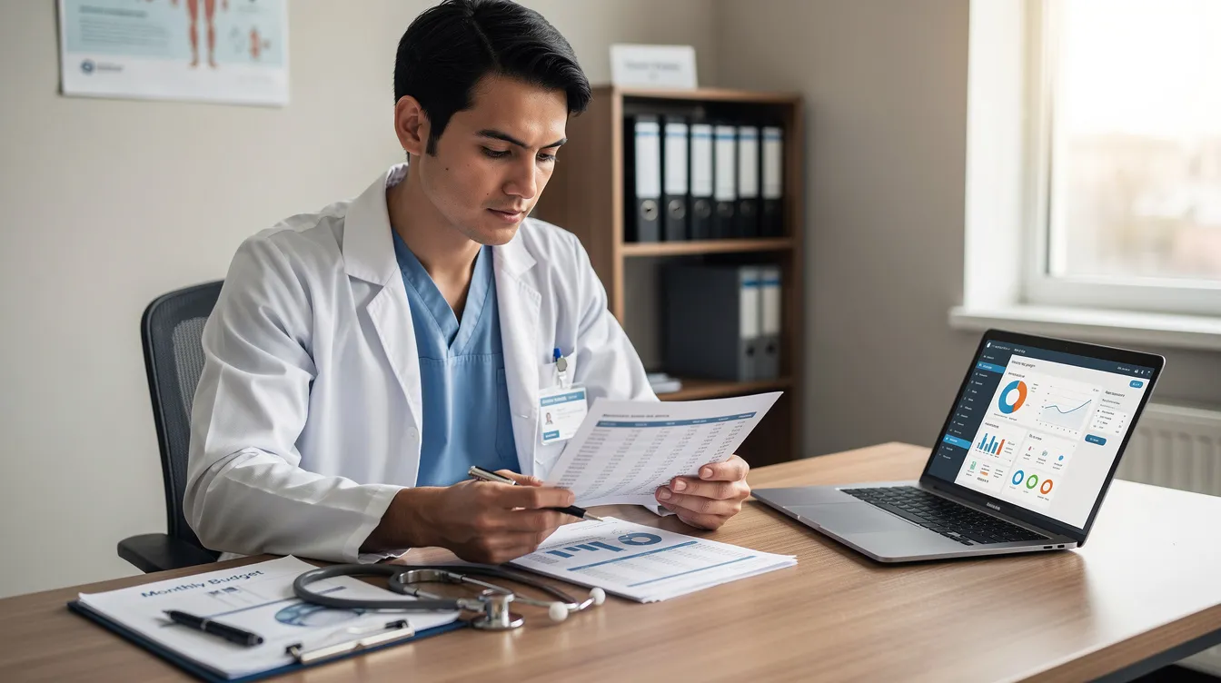 A healthcare professional is seated at a desk, intently reviewing financial documents related to medical equipment financing, with a laptop open in front of them. This scene highlights the importance of financing solutions for healthcare providers, particularly in managing costs for diagnostic equipment and ensuring the operational success of a healthcare business.
