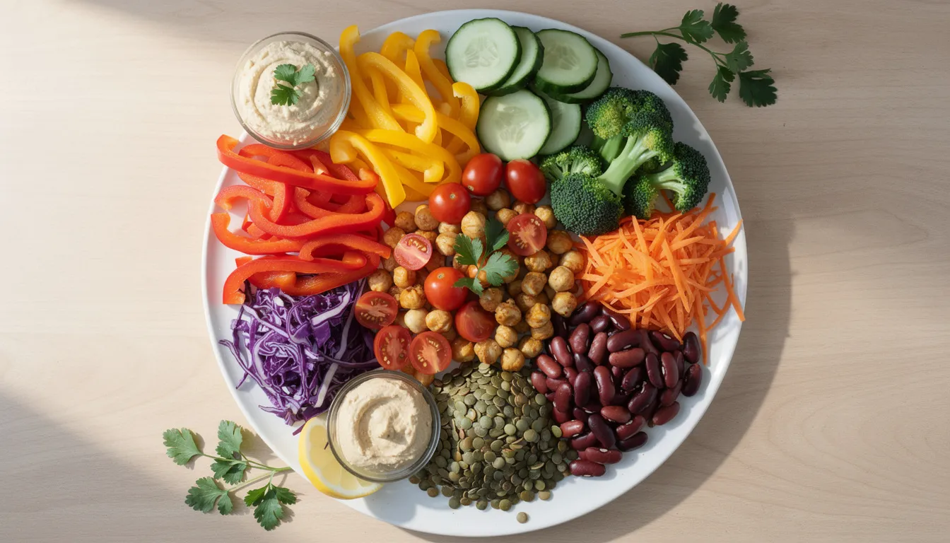 Une assiette colorée est remplie de légumes variés et de légumineuses, illustrant une alimentation saine et équilibrée. Ces aliments peuvent jouer un rôle dans la régulation du cycle menstruel et le bien-être des femmes.
