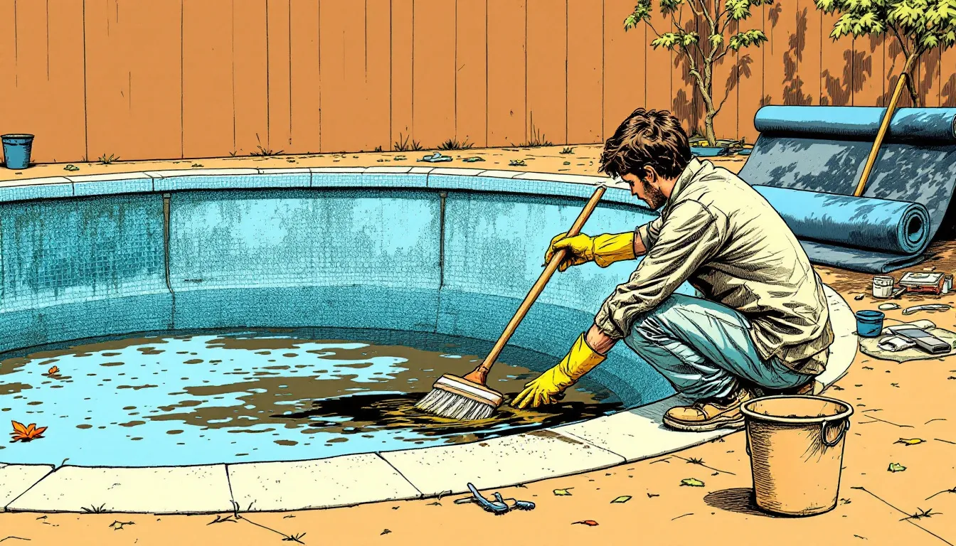 Cleaning a fiberglass pool before winter.