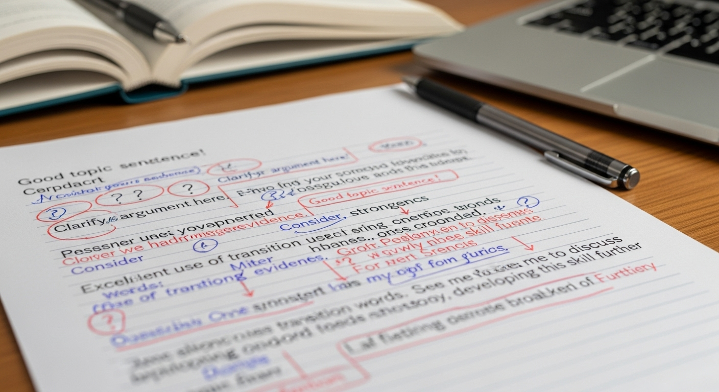 Close-up of annotated student paper highlighting constructive feedback and skill development