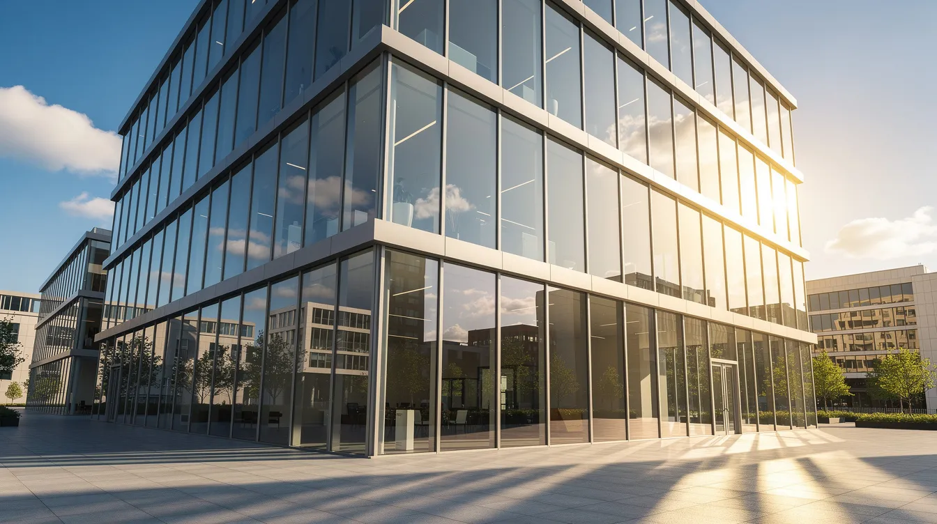 A modern building adorned with large shatterproof glass windows that reflect sunlight.