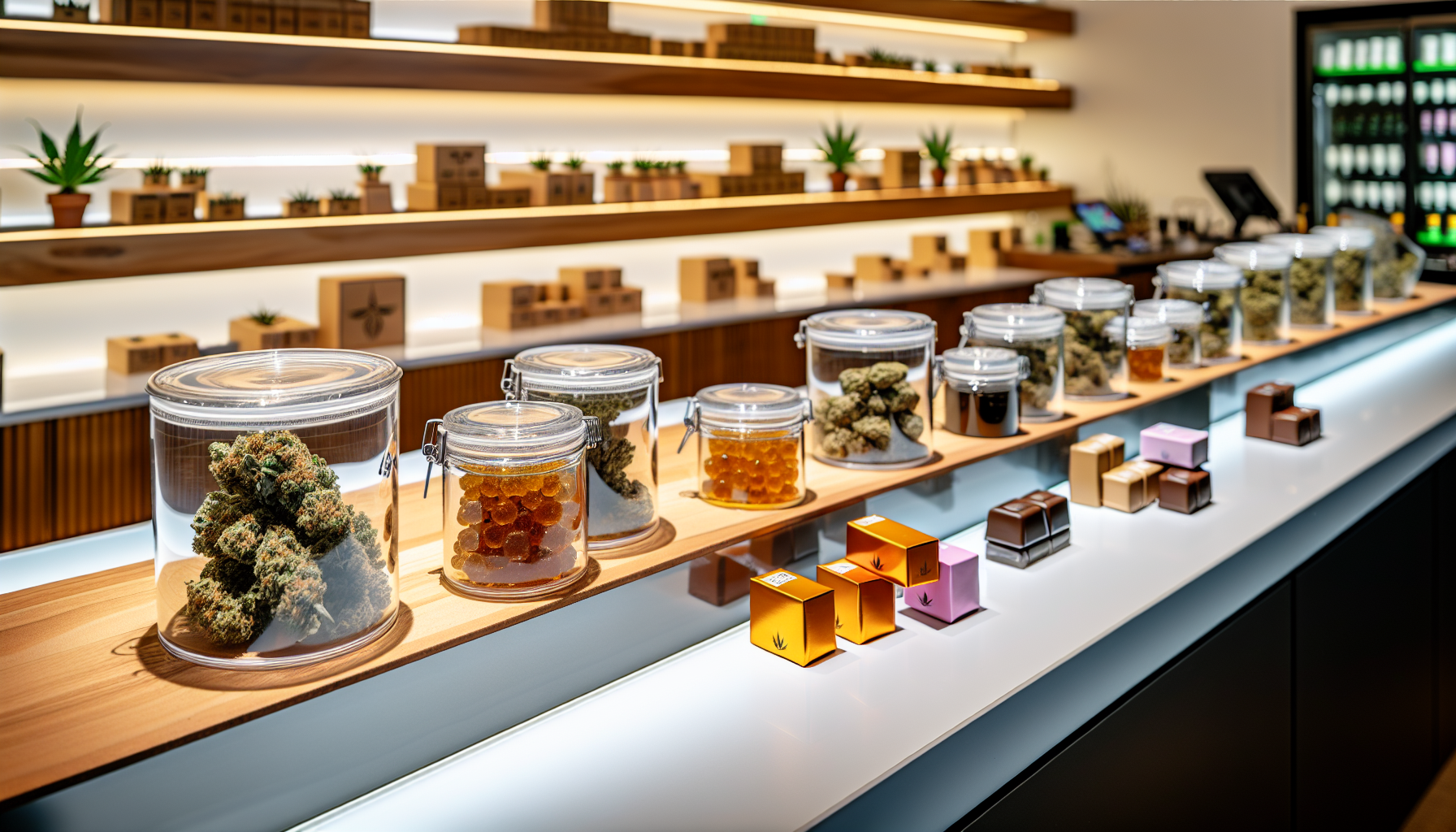 A selection of premium cannabis products in a top-rated dispensary in Santa Monica, California