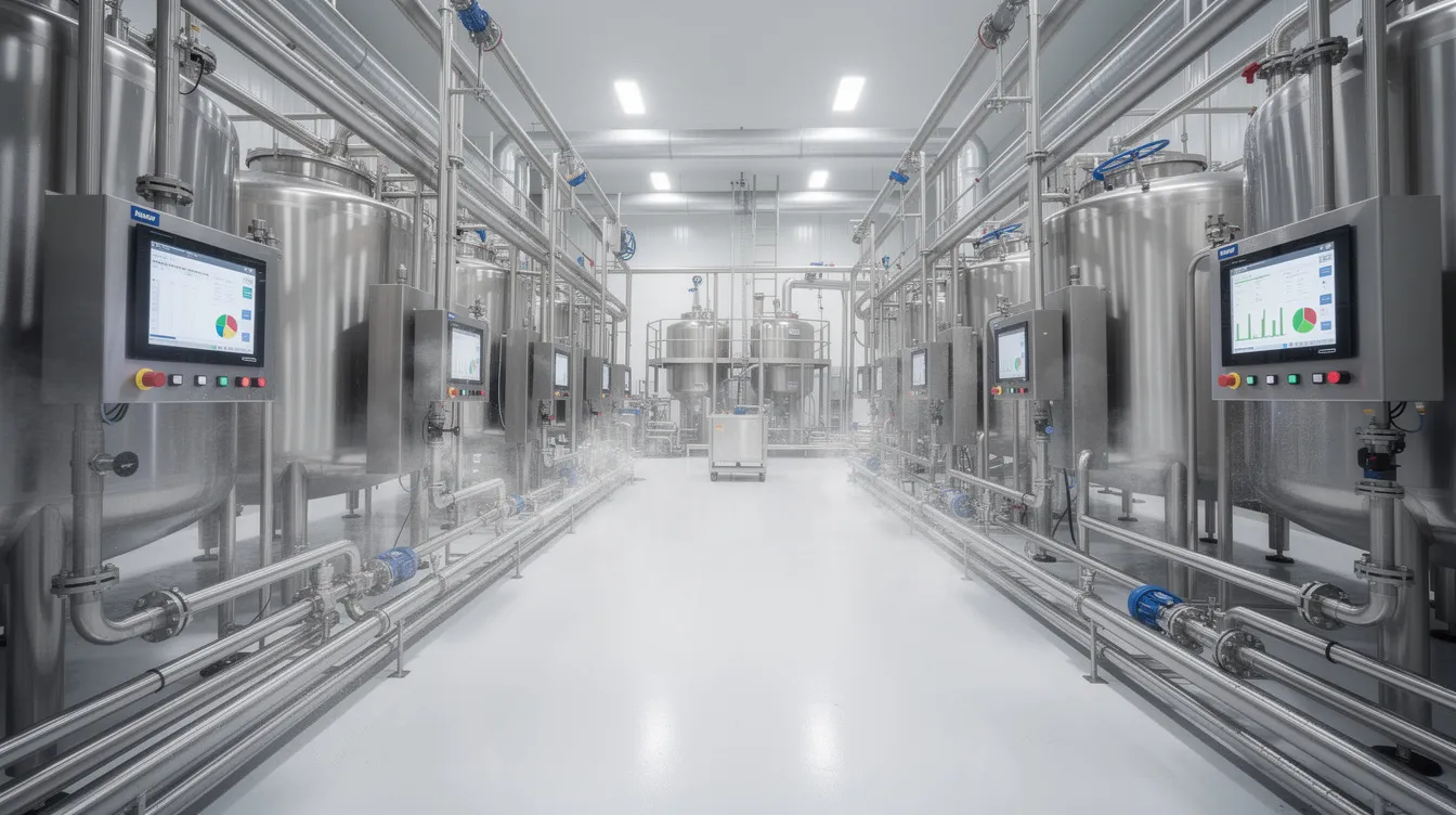 02106a10 564f 4387 9fdf 0888cd4419c9 The image depicts an industrial stainless steel dairy processing facility, featuring large tanks, intricate piping systems, and automated control panels, essential for the whey protein manufacturing plant. This setup highlights the advanced machinery and technology requirements necessary for efficient whey protein production, contributing to the global whey protein market.