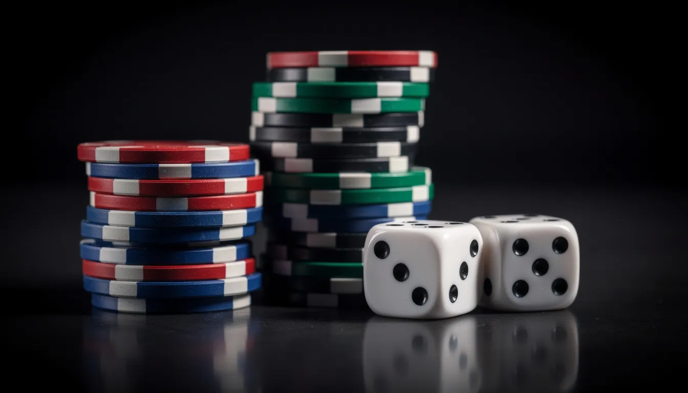The image features a vibrant arrangement of colorful casino chips stacked neatly beside a pair of dice, all set against a dark background, evoking the thrilling atmosphere of online gambling and casino games. This scene captures the essence of crypto casinos, where players can enjoy various games and potentially claim a casino no deposit bonus.