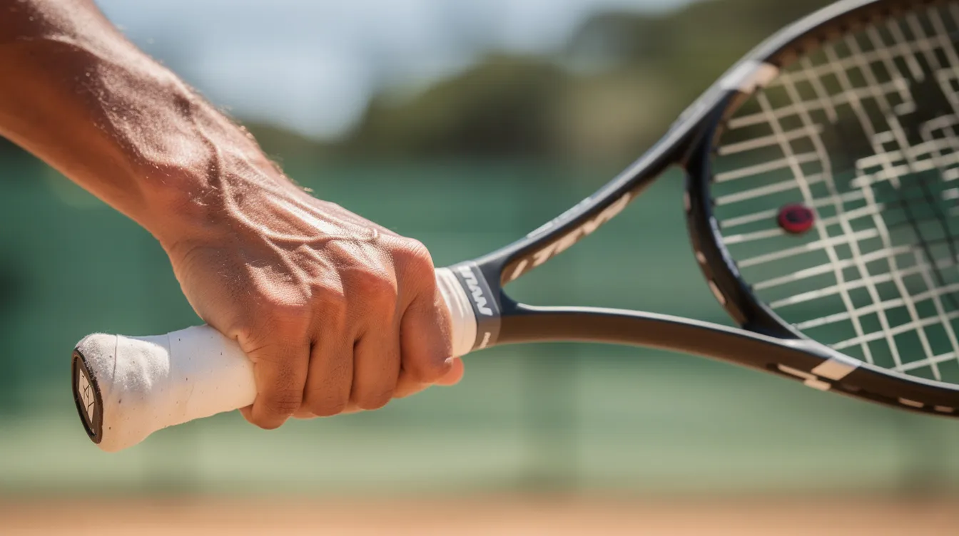 A close-up image shows a hand gripping a tennis racket with a continental grip, poised on a sunny court. The racquet head is angled forward, ready to execute a volley, highlighting the player's focus on the contact point as they prepare to hit the ball.