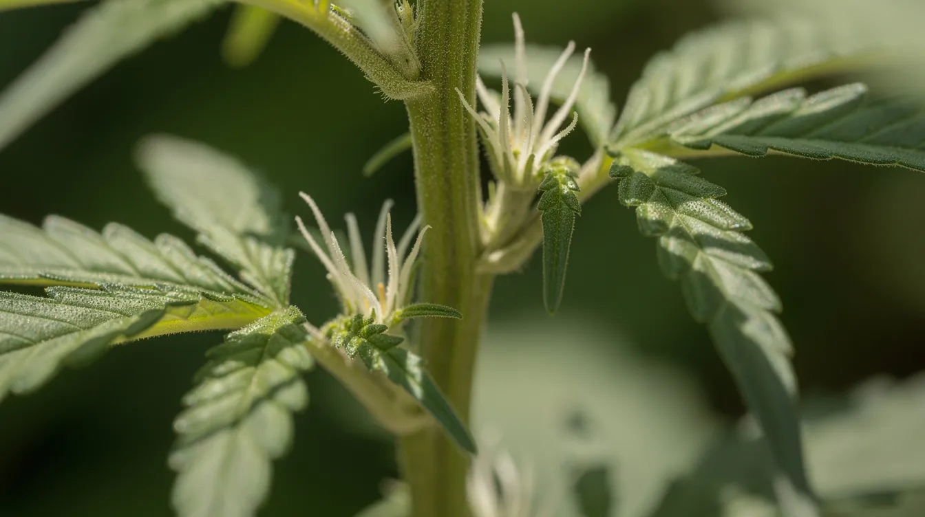 Die Nahaufnahme zeigt eine Cannabis-Pflanze in der Blütephase mit ersten weißen Pistillen, die an den Nodien sichtbar sind. Diese Blütenbildung ist ein wichtiger Schritt im Wachstum der Cannabispflanzen, der auf den Beginn der Blütezeit hinweist.