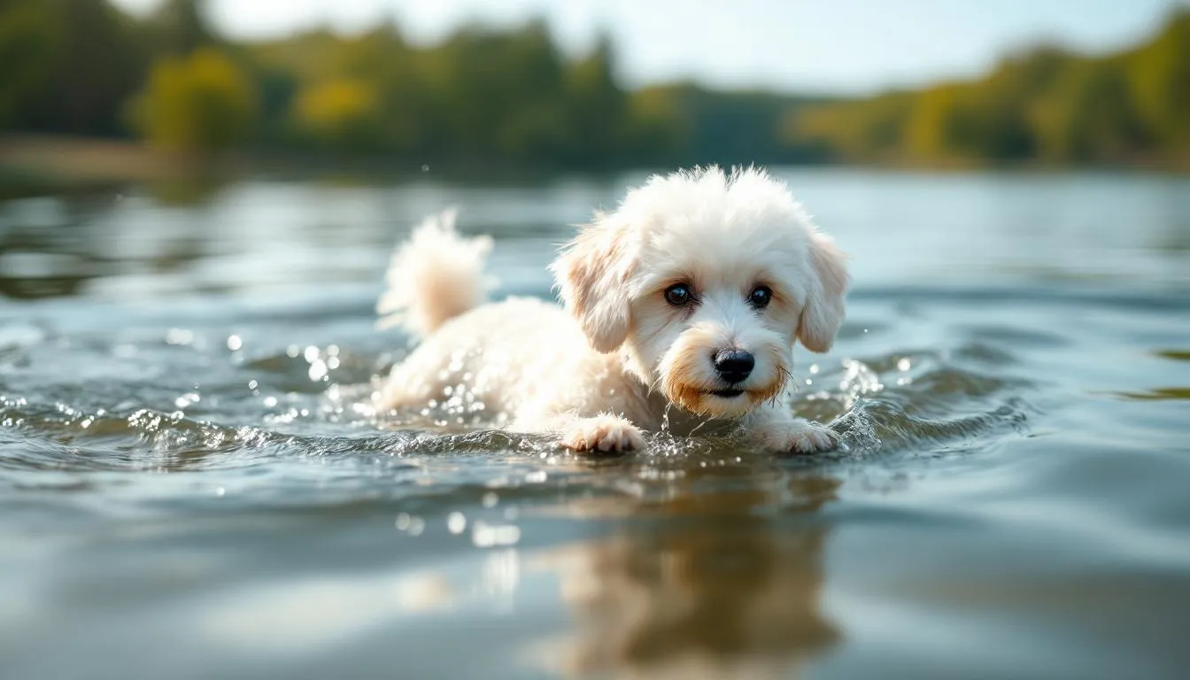 A miniature poodle is swimming in a serene lake, showcasing its heritage as a water retriever. The curly coat glistens in the sunlight as the athletic dog demonstrates its natural swimming abilities, embodying the playful spirit of this intelligent and highly trainable breed.