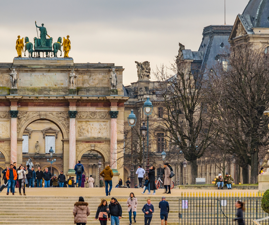 Visitors outside the Louvre in France preparing to take tours and enjoy cultural development
