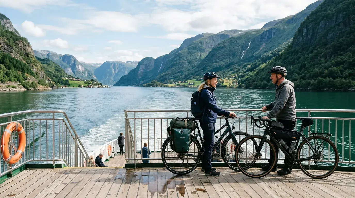 Two cyclists with bikes on a ferry deck crossing a Norwegian fjord