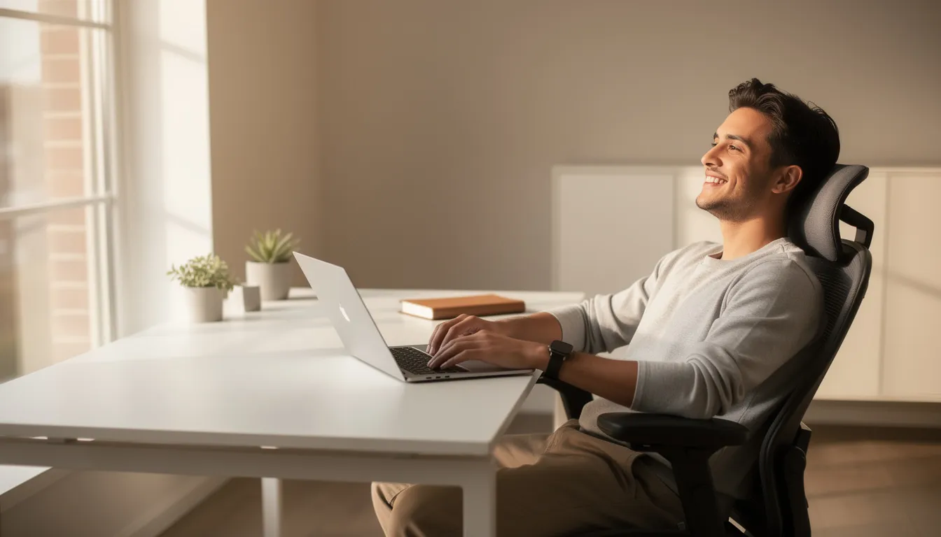 A person is sitting at a clean desk with a laptop, exuding a sense of relaxation and confidence. This image reflects a secure environment, highlighting the importance of protecting personal and financial information against identity theft and fraud.