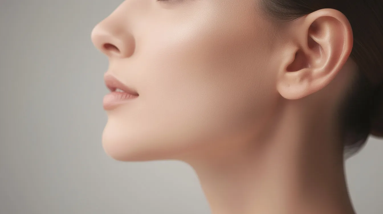 The image features a close-up side profile of a person showcasing a smooth, well-defined jawline and neck, highlighting the results of a neck lift procedure. The absence of sagging skin and the youthful appearance suggest effective cosmetic surgery aimed at enhancing the neck's appearance and restoring skin elasticity.